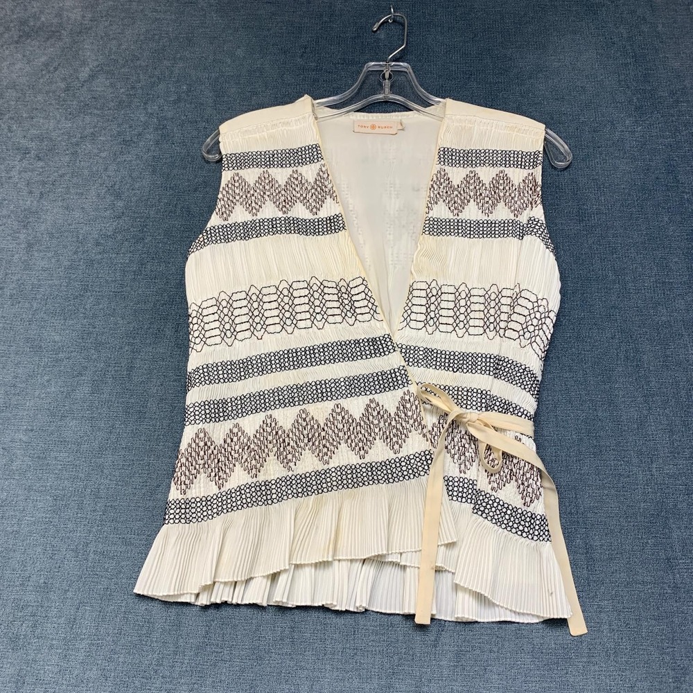 Tory Burch Top Womens 2 Off White Geometric Pleated Smocked Textured Ruffle Hem